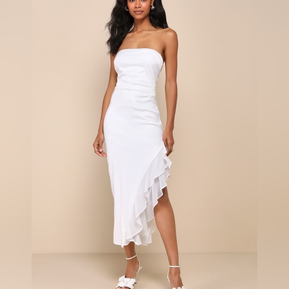 NWT Lulus Graceful Perfection White Satin Ruffled Strapless Midi Dress